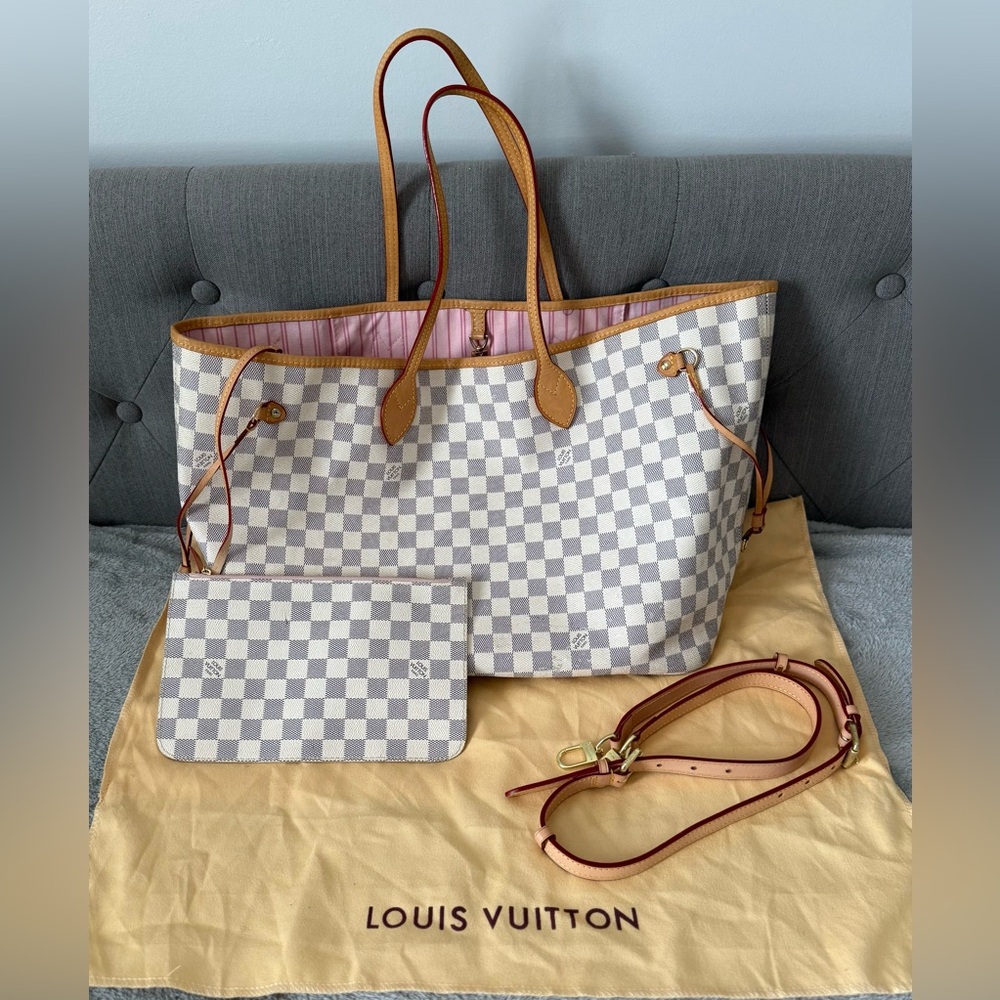 Louis Vuitton Neverfull MM Damier Azur with pouch bag and strap